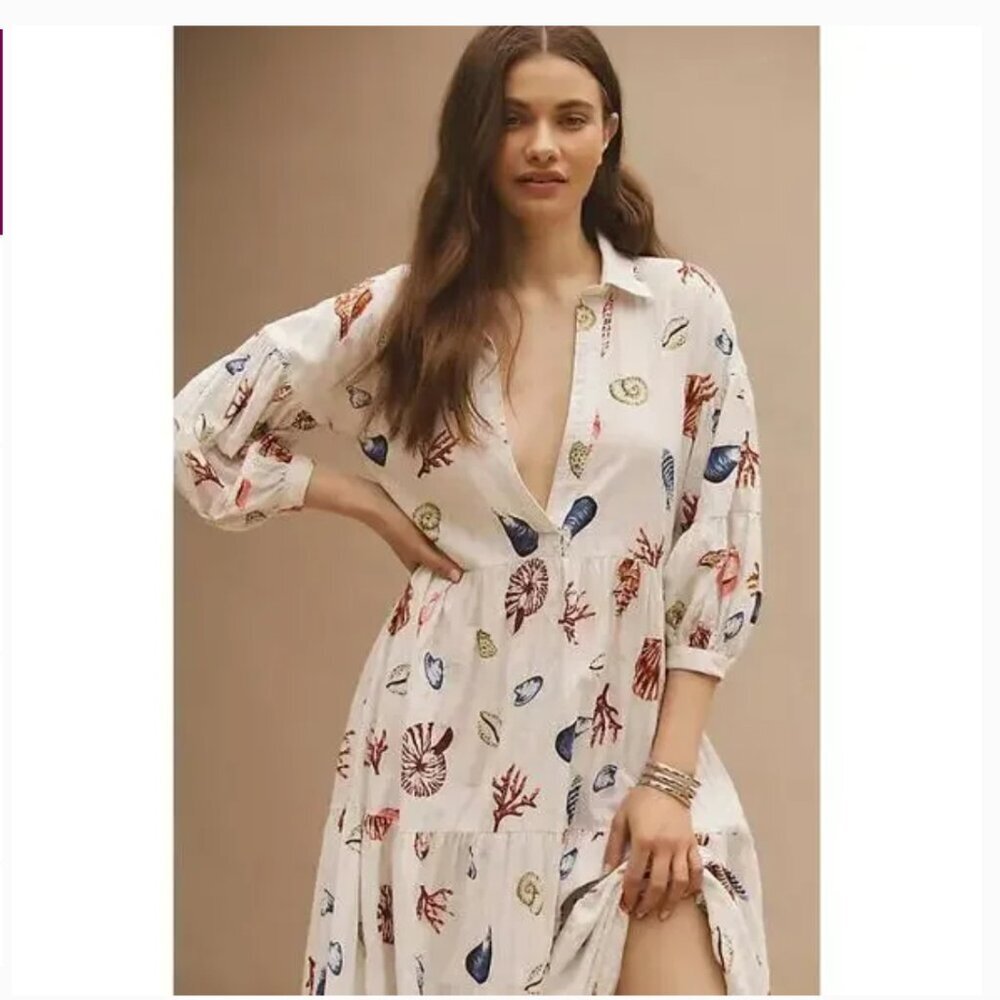 Anthropologie White Maxi Dress with Multi-Color Shell Print